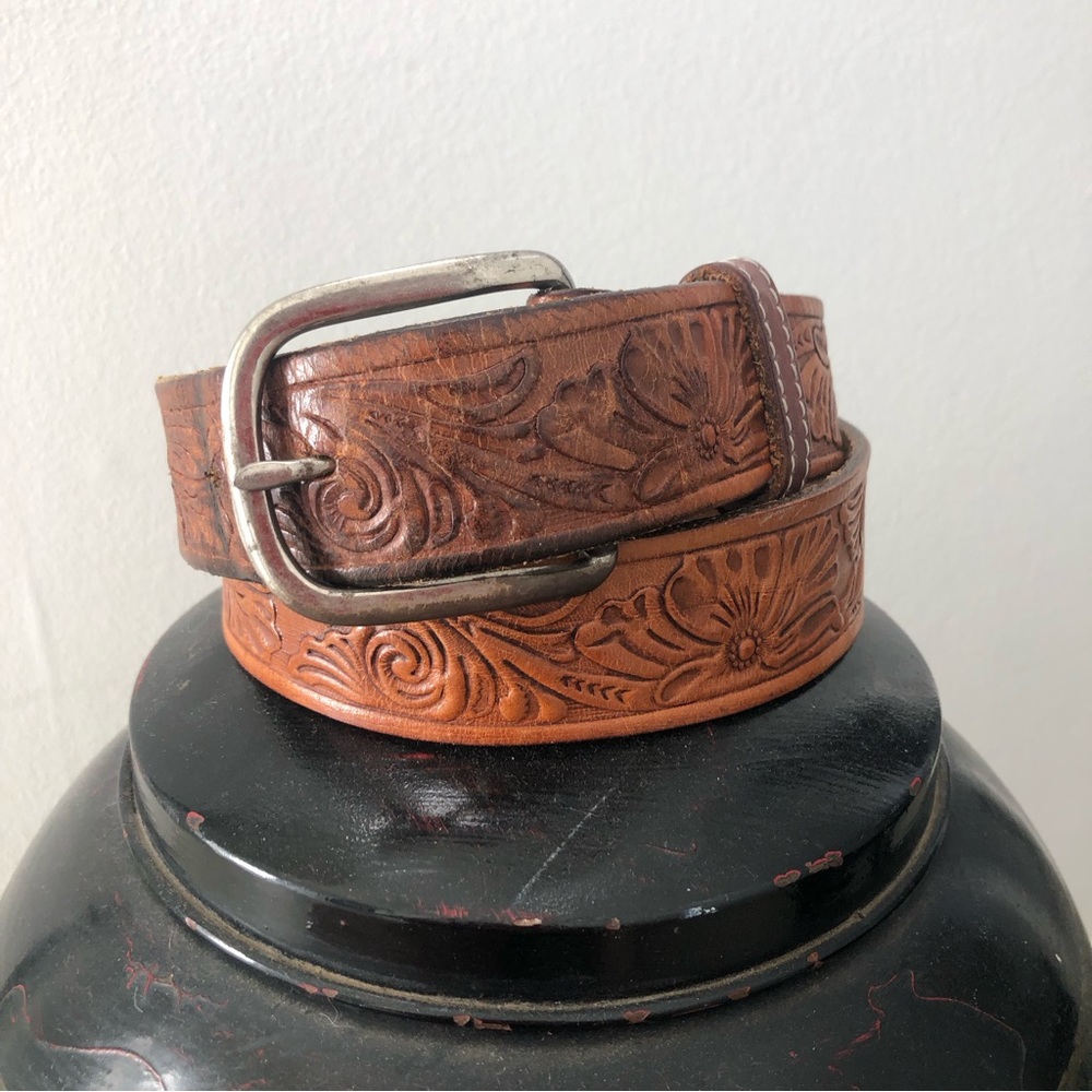 Vintage Tooled Embossed Leather Belt